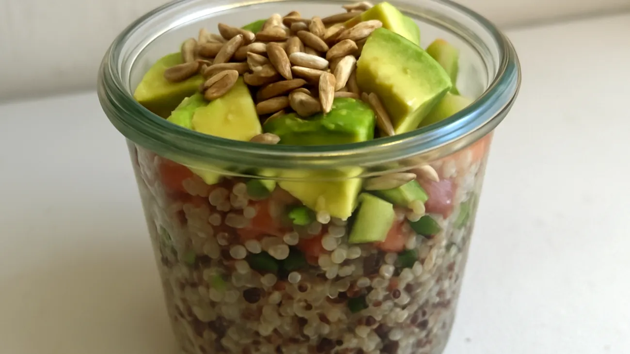 Salade de quinoa aux graines de tournesol et avocat en bocal"
