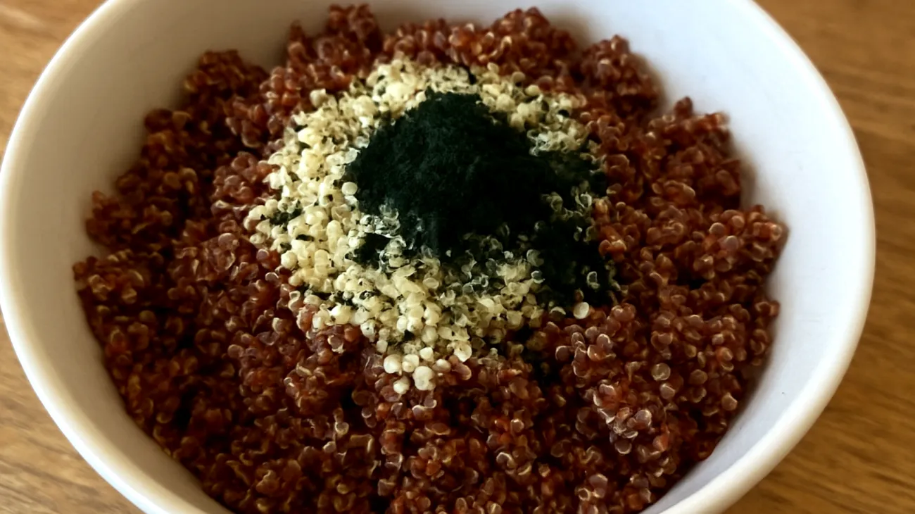 Salade de quinoa rouge aux graines de chanvre et spiruline"