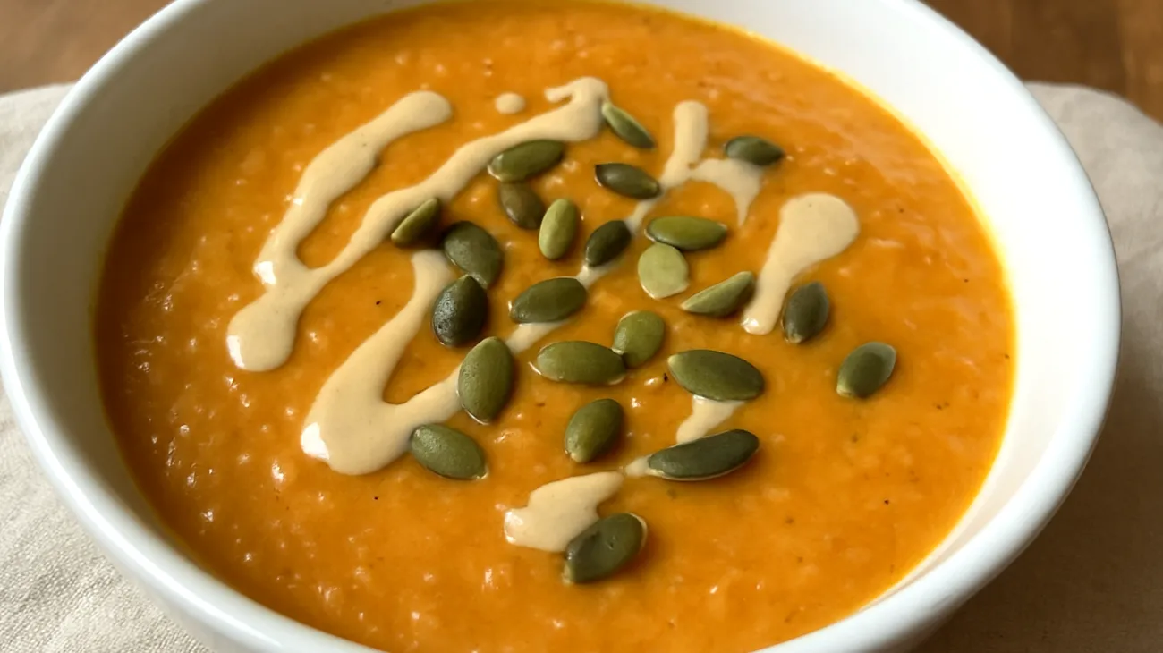 Soupe de lentilles corail au tahini et graines de courge"