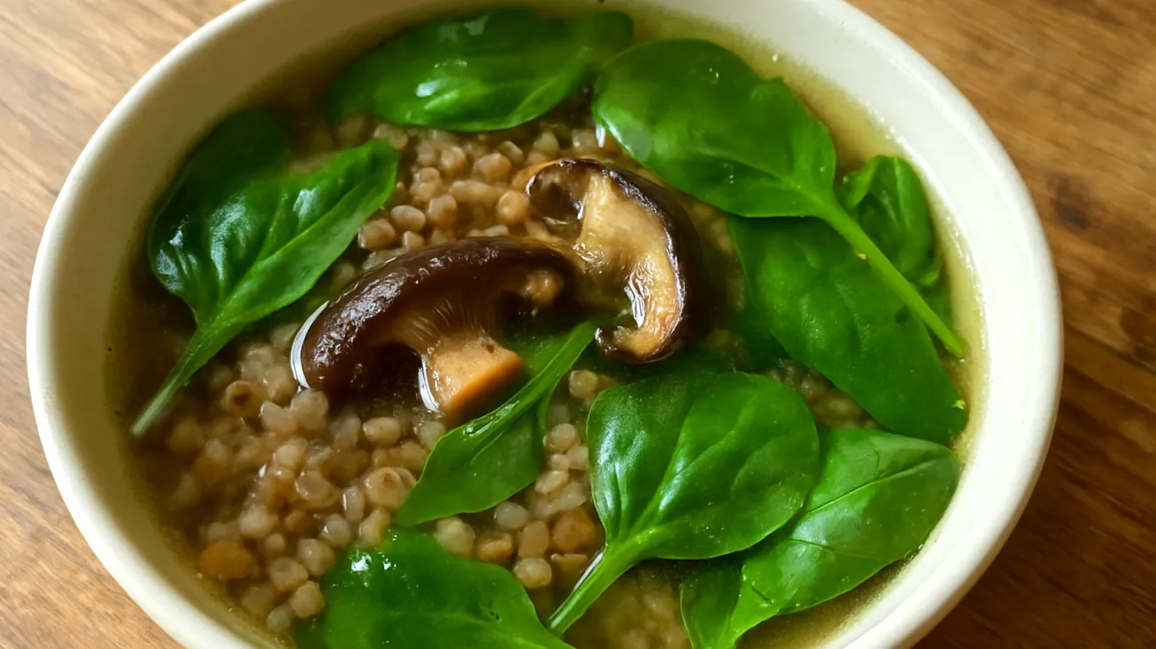 Soupe de sarrasin aux champignons shiitake et épinards"